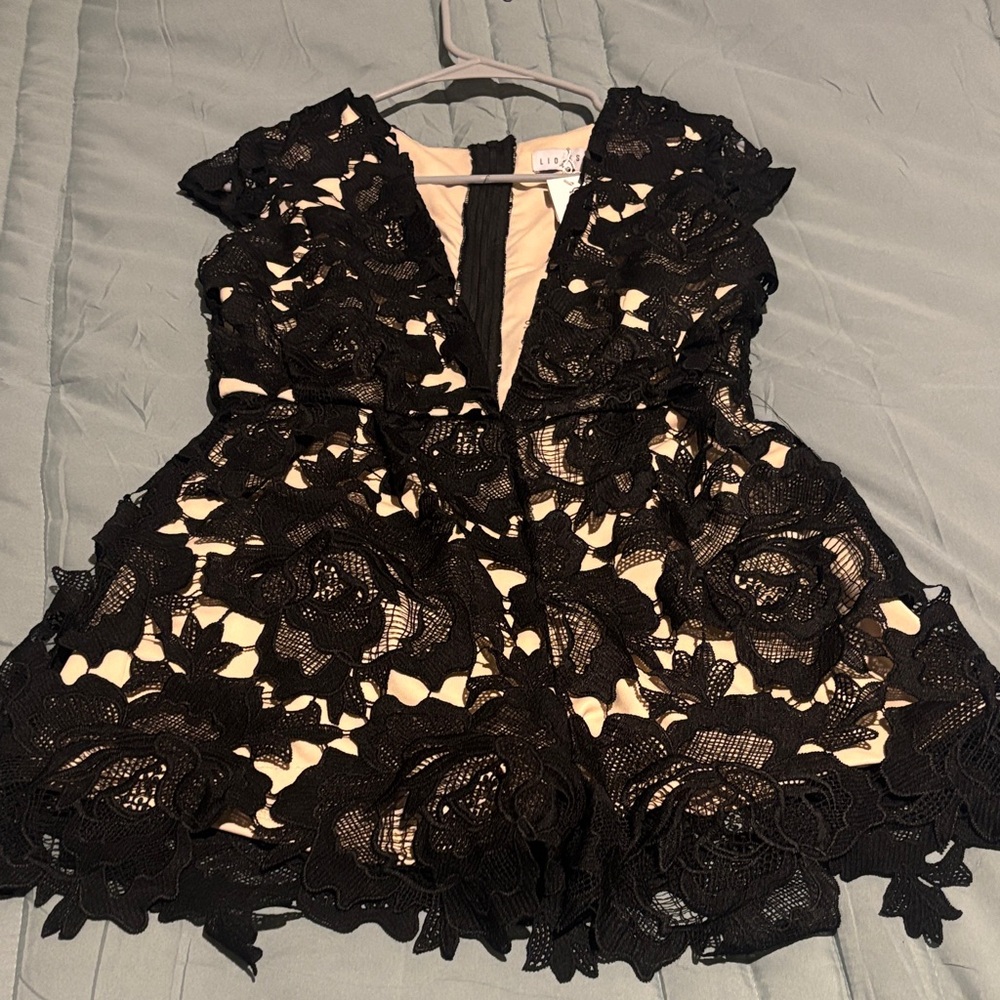 Lioness Black Lace Dress with Cream Underlay